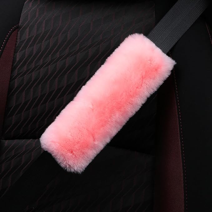 Soft Genuine Sheepskin Wool Auto Seat Belt Cover Seatbelt Shoulder Pad for a More Comfortable Driving, Compatible with All Cars(Pink)