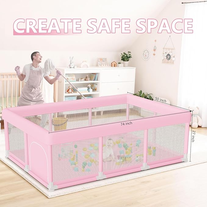 Large Baby Playpen 74"x50", Baby Girl Play Pen for Babies and Toddlers Pink, Safe Structure and Soft, Skin-Friendly Fabric with Zipper Gates