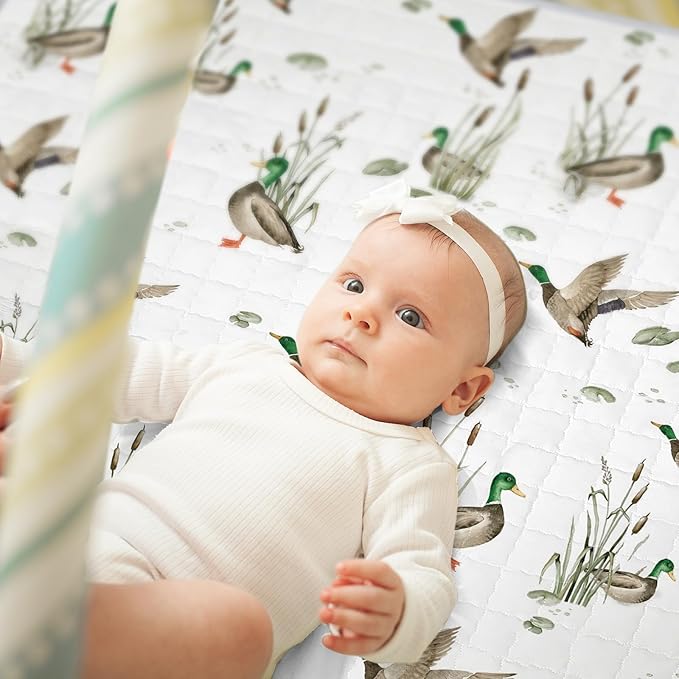 Funtery 43 x 43 Inch Mallard Duck Baby Playmat Portable Crawling Washable Foldable Tummy Time Non Slip Baby Floor Large Playpen Mat for Infants Toddlers Floor Playpen Activity