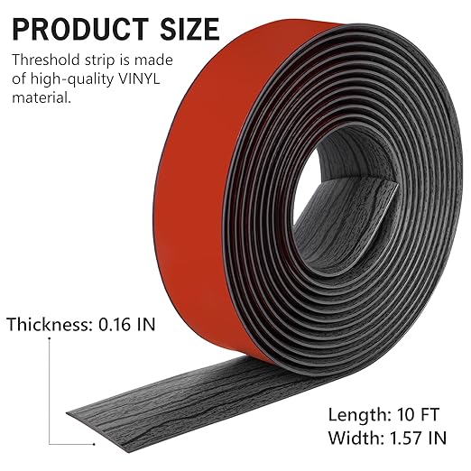 10Ft Floor Transition Strip Self Adhesive Vinyl Cover Floor Strip Flat Divider Transition Strip Wood Grain Design for Laminate Floor Gaps and Doorway Transitions (10Ft x 1.57 Inch, Gray)