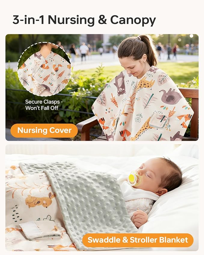 Infant Car Seat Cover Winter Minky - Baby Car Seat Canopy with Snap Peekaboo Opening, Multi-Use as Stroller Cover, Nursing Cover and Baby Blanket for Boys Girls (Beige)