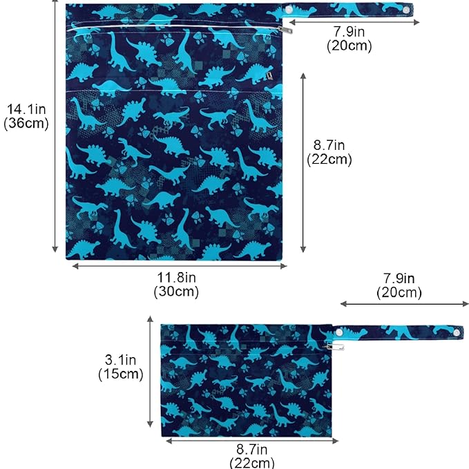 visesunny Blue Dinosaur Footprint 2Pcs Wet Bag with 2 Zippered Pockets Snap Handle Washable Reusable Roomy for Travel,Beach,Pool,Daycare,Stroller,Diapers,Dirty Gym Clothes, Wet Swimsuits, Toiletries