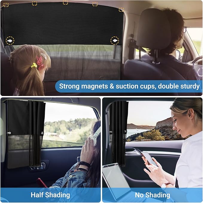 Car Window Shades, 2 Pcs Half Blackout & Half See-Through Magnetic Sun Shade for Rear Window Covers with Fixed Suction Cups,Car Curtains for Baby Sun/Heat/UV Protection
