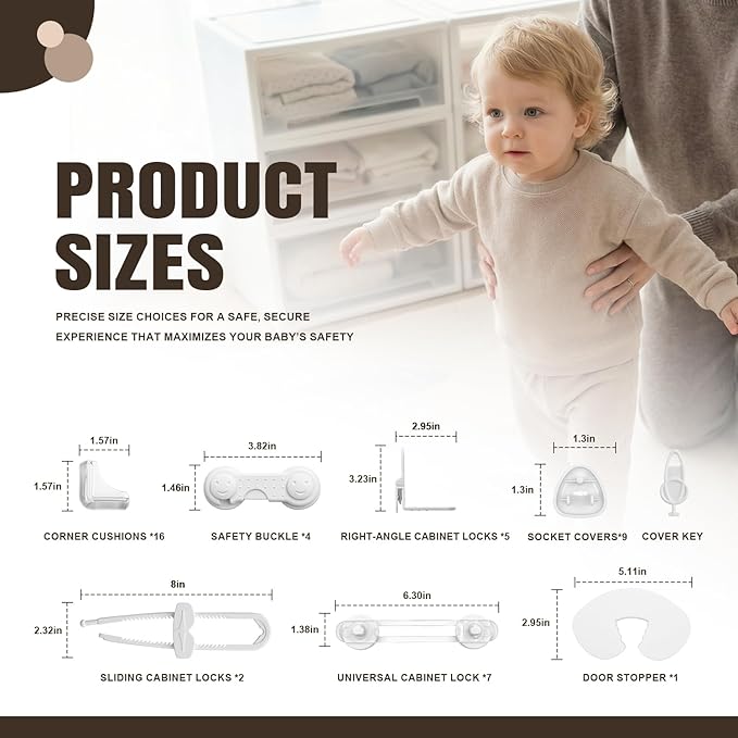 Hoxutym Baby Proofing Kit, 45 Pack Child Safety Pack – Cabinet & Drawer Locks, Corner Guards, Outlet Covers, Universal Safety Straps, Sliding Cabinet Locks, Door Stopper，Keep Your Child Safe at Home