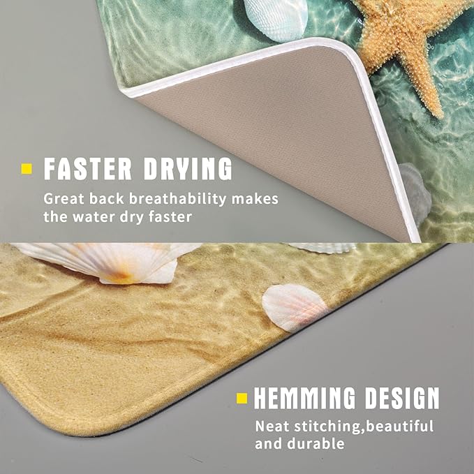 Summer Beach Style Dish Drying Mat for Kitchen Counter,Starfish and Seashell Drying Mat 16 x 18 Inch with High Absorbent Reversible Microfiber Dish Drying Pad Drainer Mat for Coffee Bar