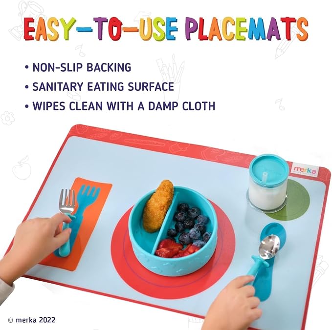 Merka Place Setting Placemat for Kids - 17 x 11 in, Multicolor Silicone, 2-Pack for Ages 2+ - Reusable & Washable Educational Placemat with Guided Utensil Placement & Table Manners