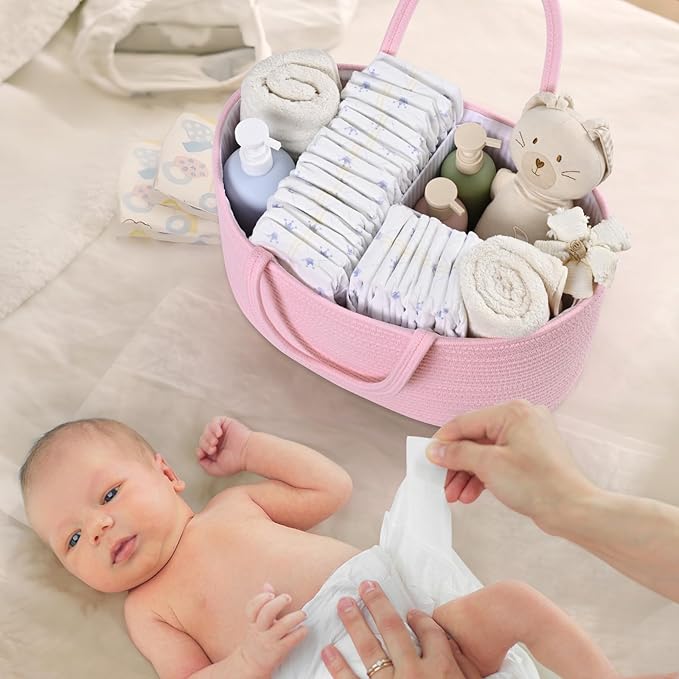 13.5L Baby Diaper Caddy Organizer, 15.3"x9.8"x7" Cotton Rope Diaper Basket, Changing Table Storage Caddy With Removable Divider, Baby Basket for Nursery, Car, Diapers, Baby Shower Gifts for Newborn