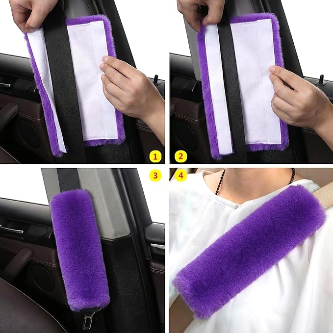 2-Pack Soft Plush Seatbelt Covers for Kids - Comfortable Seat Belt Cushion for Newborns - Car Seat/Stroller Strap Accessories - Enhanced Driving Comfort & Protection (Purple)