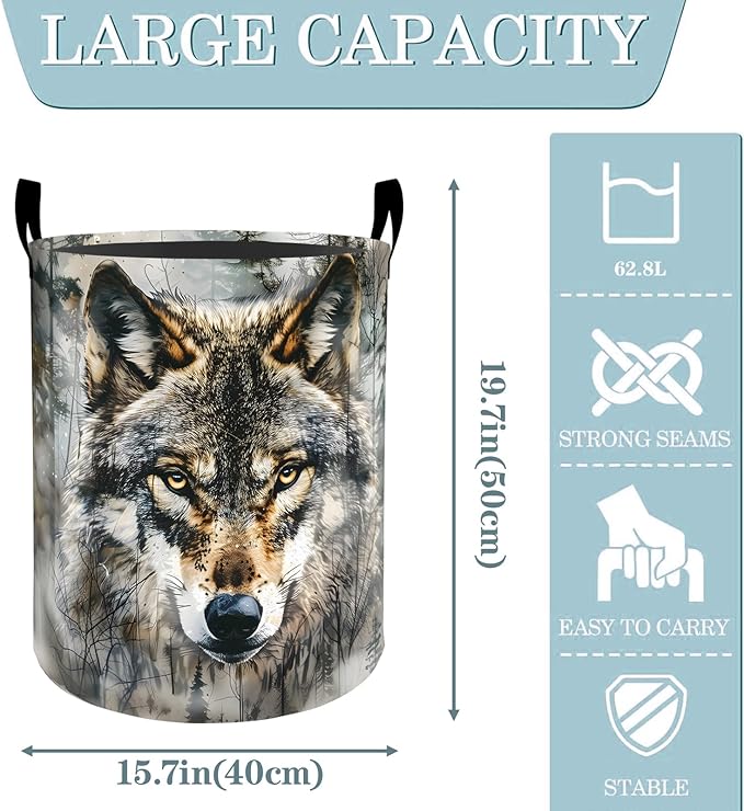 VODRM Majestic Realistic Wolf Laundry Basket, Dirty Collapsible Clothes Toy Organizer Hamper for Kids Adults, Oxford Cloth Waterproof Storage Bin for Bedroom Bathroom Forest Decor Gifts, 19.7"X15.7"