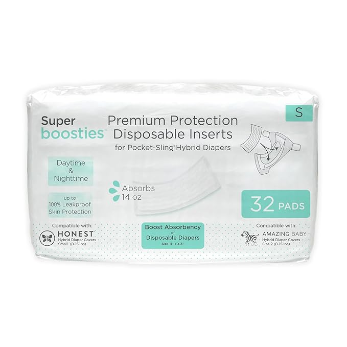 Overnight Diaper Leak Stopper, Super Boosties Disposable Inserts, Use with Pampers Sizes 2-6, Honest Hybrid Diaper Cover Sz Small, Amazing Baby Cover Sz 2, Pocket-Sling Compatible, 4.3x11 in, 32 count