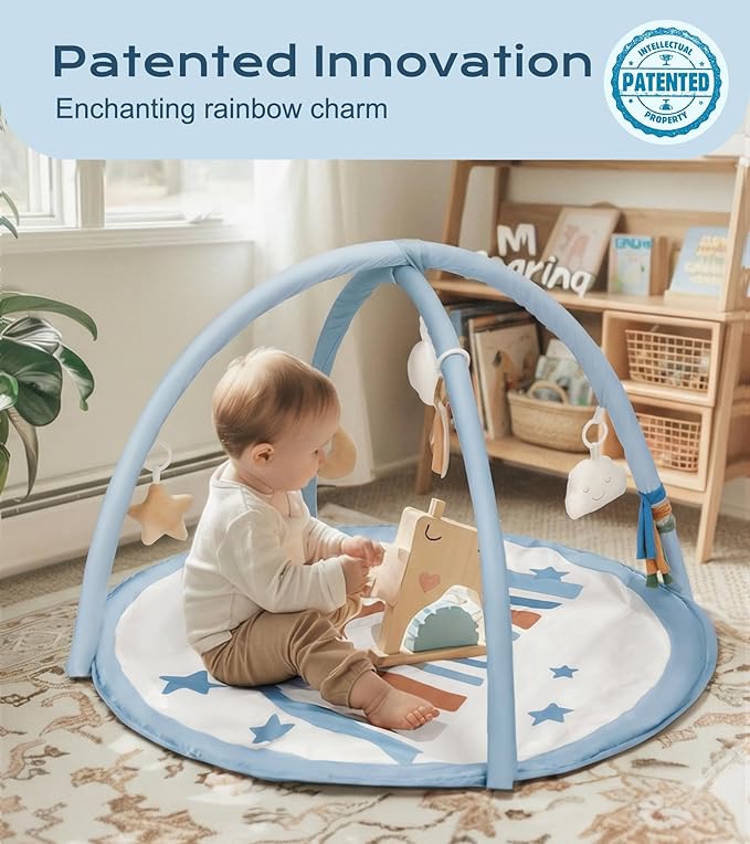Little Dove Baby Play Gym Mat, Tummy Time Activity Mat with 7 Detachable Toys and 12 Milestone Cards for Stage-Based Sensory and Motor Skill Development, Washable Play Mats for Infant, Blue