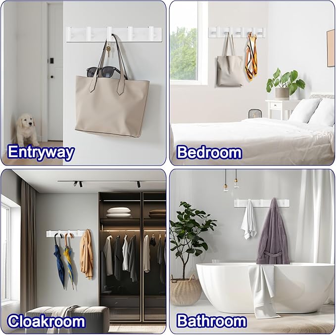 Coat Rack Wall Mount - 5 Hat and Coat Hooks, Heavy Duty Towel Racks for Bathroom Entryway, Wall Hooks for Hanging Robes Bags, Hat Rack Key Hanger Organizer (White)