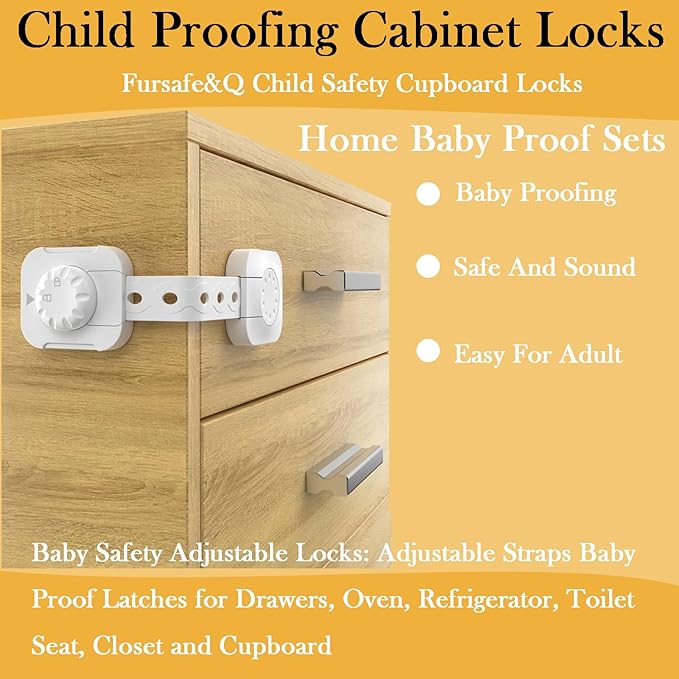 Fursafe&Q Child Safety Cabinet Proofing, Baby Cabinet Locks Adhesive Adjustable Child Safety Strap Locks Drawer Fridge Ovens Toilet Latches No Screws for Furniture Kitchen 6 Pack