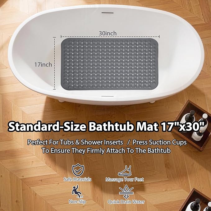 Grey Bathtub Mat Shower Mat Non Slip 17x30 Inch Standard Size, Soft Bubble Bath Tub Mat Shower Mats for Inside Shower Bathroom Floor Mat with Big Suction Cups & Drain Holes, BPA-Free