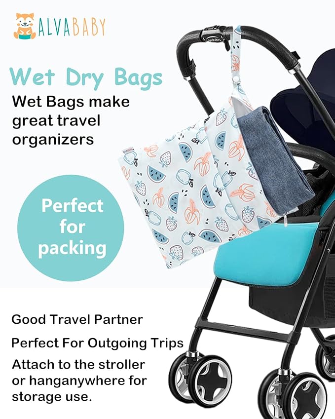 ALVABABY 2pcs Waterproof Wet Dry Bags,Reusable with Two Zippered Pockets,Baby Cloth Diaper,Travel,Beach,Pool,Daycare,Soiled Baby Items,Yoga Gym Bag,Swimsuits or Wet Clothes 2LW04