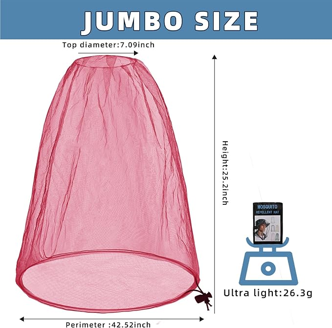2 Pack Ultra Large Mosquito Net 42x25 Inches Mosquito Head Net Oversized Insect Netting Bug Fits Most Hats for Gardening Hiking Fishing Traveling(Pink)