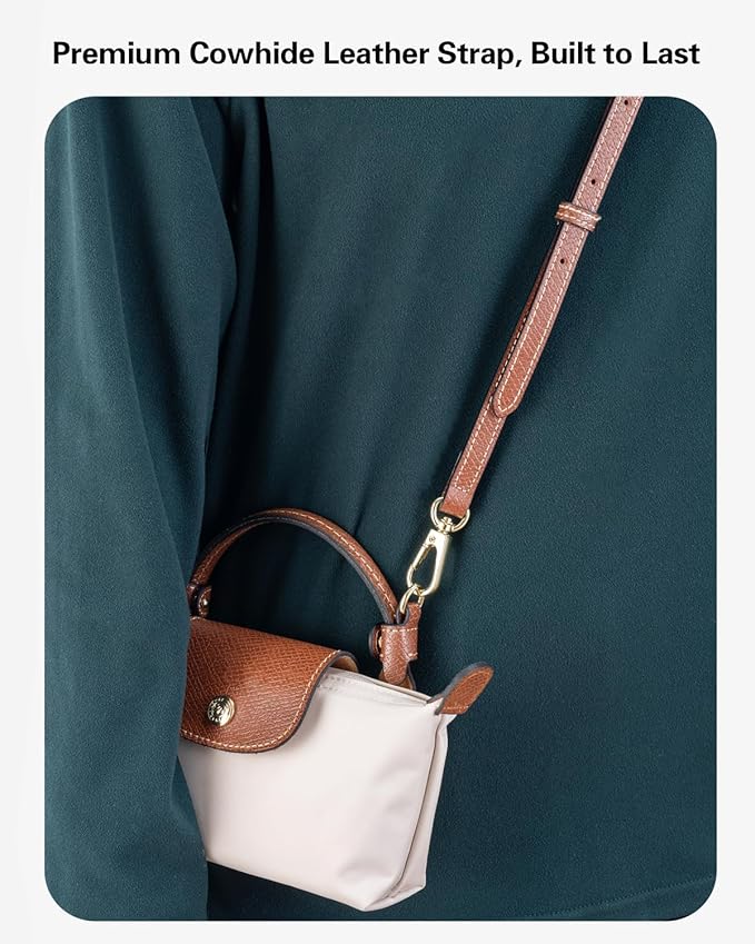 Mini Bag Organizer with Genuine Leather Crossbody Strap Conversion Kit, Compatible with Longchamp Mini Bag – Inner Liner Insert + Strap Kit Set, Brown Strap & Black Insert | Lightweight Build