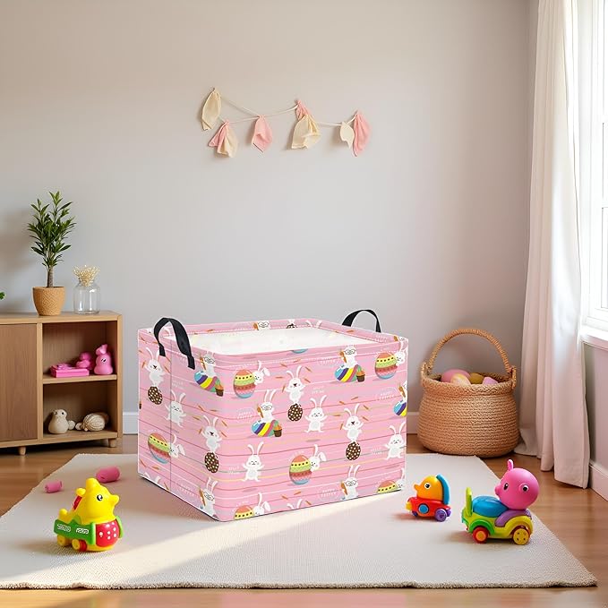 TIBAOLOVER Rectangular Easter Basket Easter Basket for Kids Baby Storage Basket Cute Toy Storage Bin Organizer Shelf Book Basket Easter Room Decor(Line Easter Egg)
