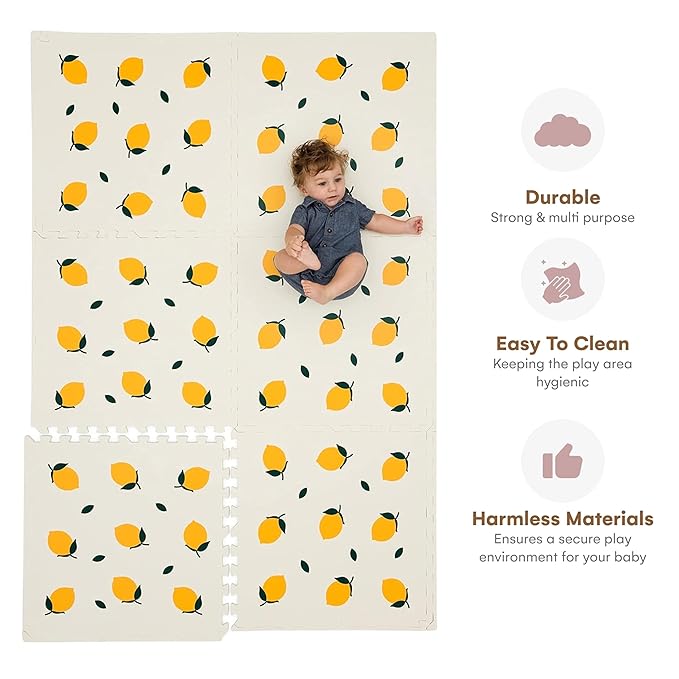 CHILDLIKE BEHAVIOR XL Baby Play Mat - 72 x 48 Inches Puzzle Play Mat with 6 Foam Floor Tiles - Interlocking Puzzle Mat for Toddlers and Infants Play Pen - Soft Crawling Mat for Tummy Time - Lemons