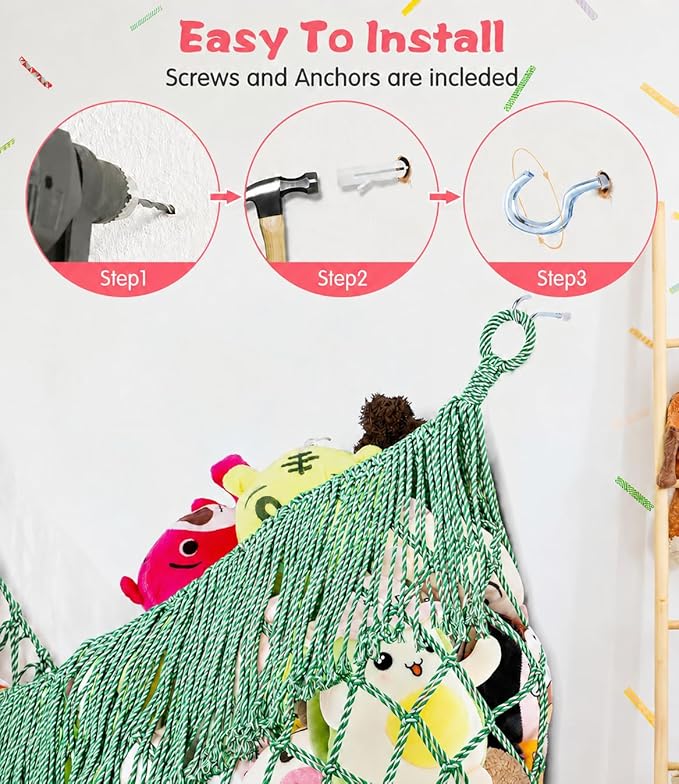 Stuffed Animal Hammock - Extra Large 63'' Long, Stuffed Animal Storage, stuffed animal Holder net, Hammock Large, Storage Hanging Organizer - green-white