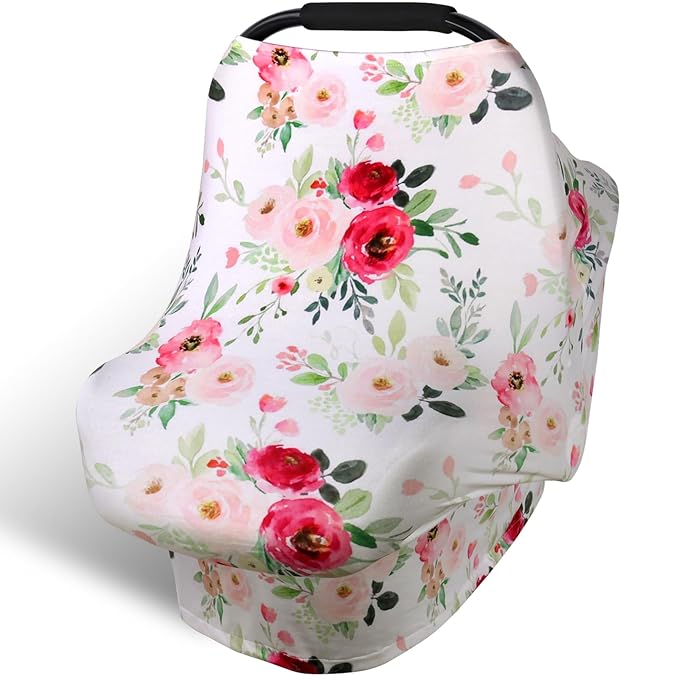 Rquite All-in-1 Car Seat Cover Baby, Carseat Covers for Girl Boy, Stretchy Soft Infant Car Seat Cover, Multi-use Baby Carrier Cover, Car Seat Canopy, Stroller Sun Shade, Nursing Breastfeeding Cover