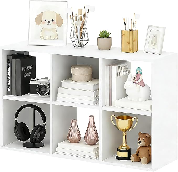 6-Cube Storage Organizer, White Bookshelf with Open Compartments for Home Office, Modern Bookcase Display Shelf for Living Room, Bedroom & Entryway