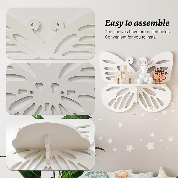Beskadi White Butterfly Shelves 2 Tier - Nursery Wall Deor Floating Shelf, Cute Wall Display Rack for Kid’s Room, Small Decorative Shelf Wall Mounted, Hanging Wall Shelf for Toys, Plants Storage.