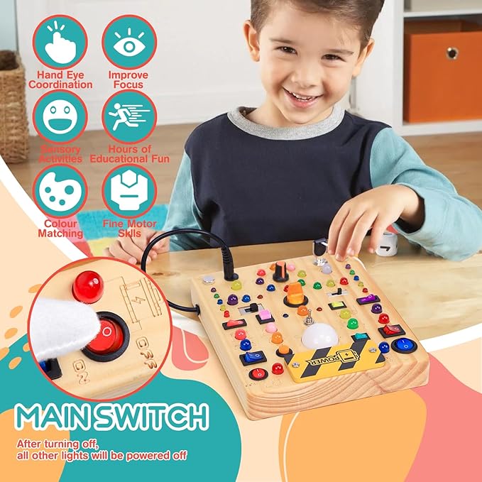 RichBoy Montessori Toy Busy Board with 40 LED Lights, 59-in-1 Sensory Toys for Toddlers, Travel Educational Activity for Airplane, Ideal Christmas Birthday Gift for Boys & Girls (7.8" x 6.5")