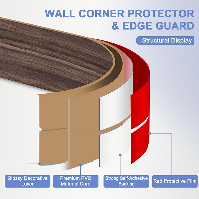 Wall Corner Protector Moulding Trim Peel and Stick Wall Corner Guards Trim Flexible Self Adhesive Edge Protector Moulding, 1.6 in x 10 Ft, Smoked Brown Wood