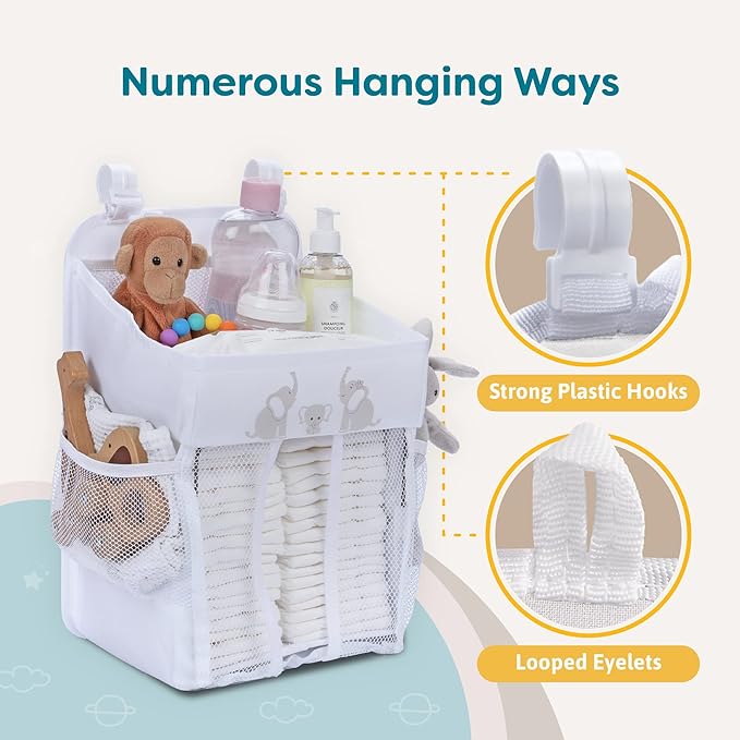 Hanging Diaper Caddy Baby Organizer - Diaper Caddy Organizer Baby Essentials for Newborn Nursery - Holds 50+ Diapers - 17x9x9 Inches, White