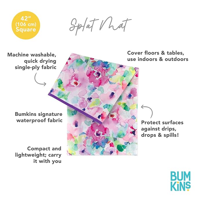 Bumkins Baby Splat Mat for Under High Chair, Babies Toddlers Eating Mess Mat, Waterproof Reusable Cloth for Arts and Crafts, Playtime for Kids, Floors or Tables, Fabric 42inx42in, Watercolors Floral