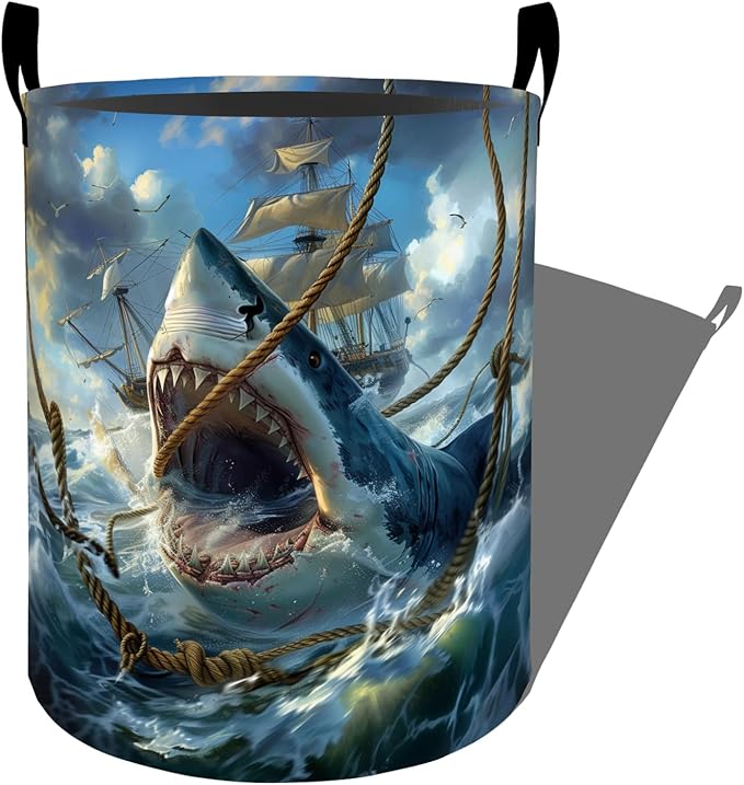 Fierce Shark Attack with Ship Laundry Basket with Handles, 19.7"x15.7" Clothes Foldable Laundry Hamper Organizer for Dorm Nursery Bedroom Bathroom Decor, Toy Storage Bin for Kids
