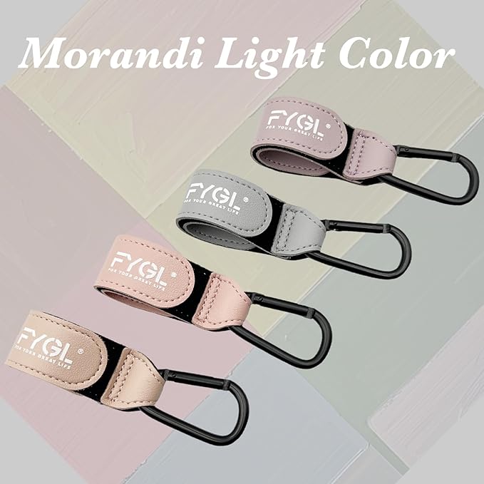 Stroller Hooks - Leather Buggy Clips, Pushchair Carabiner Clip for Bags, Easy Attachment for Pram, Universal Stroller Clips and Hooks, Stroller Accessories - Morandi Light (4 Pack)