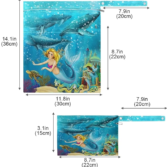 visesunny Cartoon Ocean And The Mermaid In Underwater Kingdom Swimming With Whales 2Pcs Wet Bag with Zippered Pockets Washable Reusable Roomy for Travel,Beach,Pool,Daycare,Stroller,Diapers,Dirty Gym C