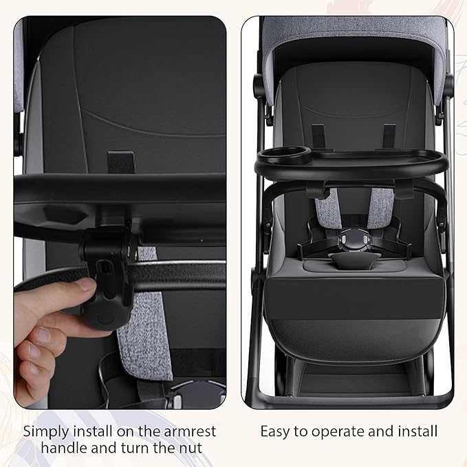 Universal Stroller Snack Tray with Cup Holder and Silicone Flexible Arms Gripper, Black Adjustable BPA-Free Non-slip Snack Tray for Stroller Accessories Easy to Clean
