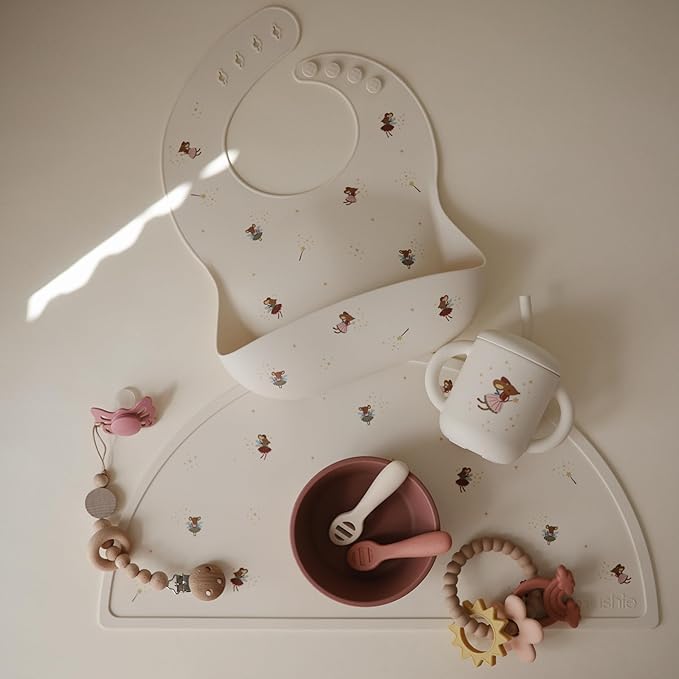mushie Silicone Baby Bib | Adjustable Fit Waterproof Bibs (Fairy Mice)