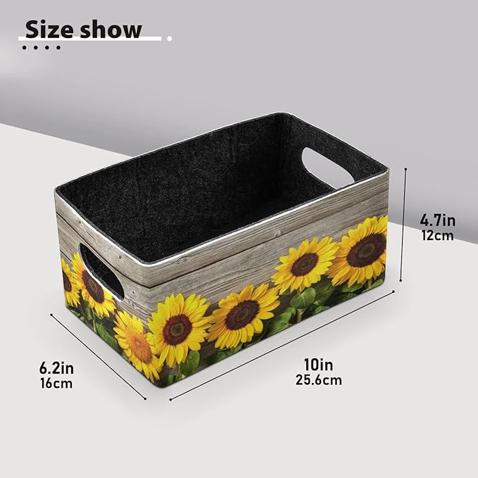 Emelivor Fall Sunflowers Yellow Storage Basket Bins Set (2pcs) Felt Collapsible Storage Bins with Fabric Rectangle Baskets for Organizing for Nursery ,Kids Room,Clothes,Towels,Magazine