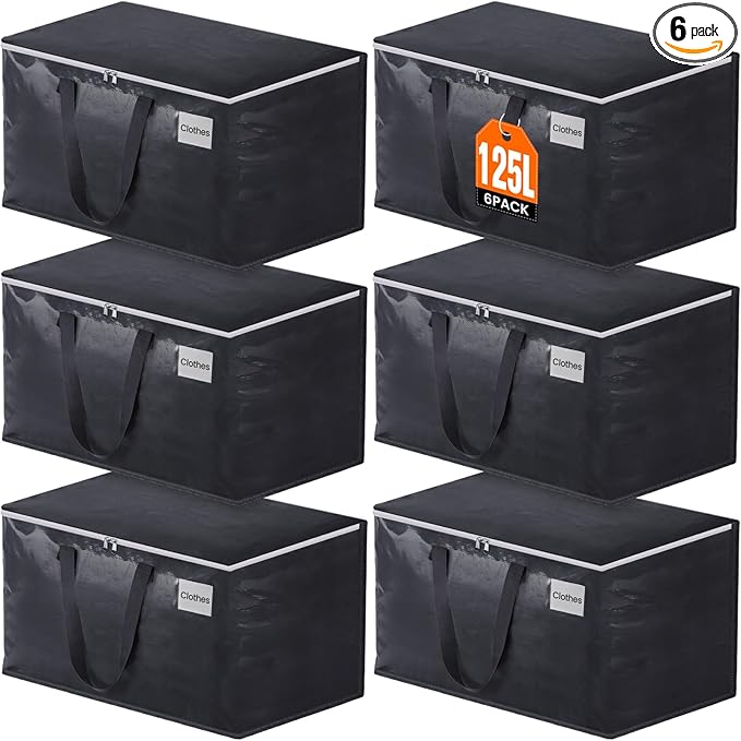 Moving Bags Heavy Duty with Strong Zippers and Handles Collapsible Moving Supplies, Storage Totes for Packing & Moving Storing 125L 6Pack