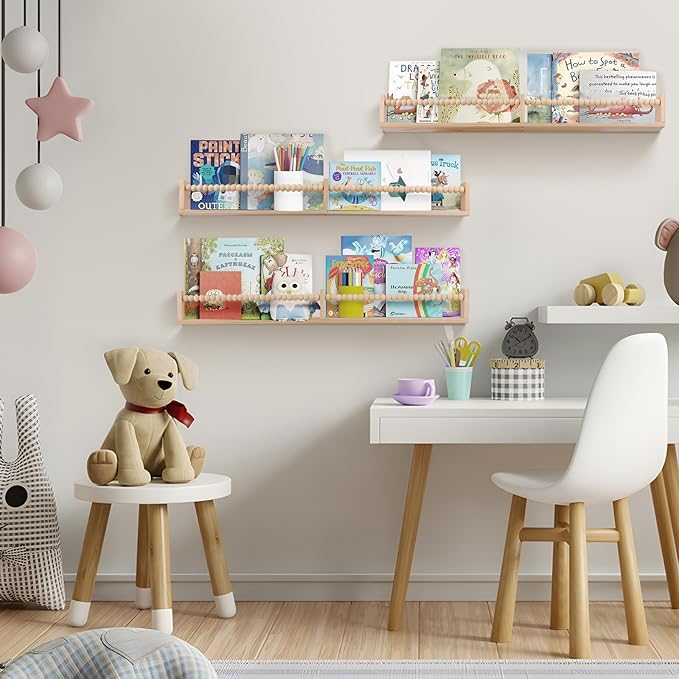 Nursery Book Shelves for Kids Rooms - 32 Inches Floating Wall Bookshelves Set of 3, Space-Saving Nursery Shelves with Beads Design for Kids Room, Bedroom and Study Room(Natural)