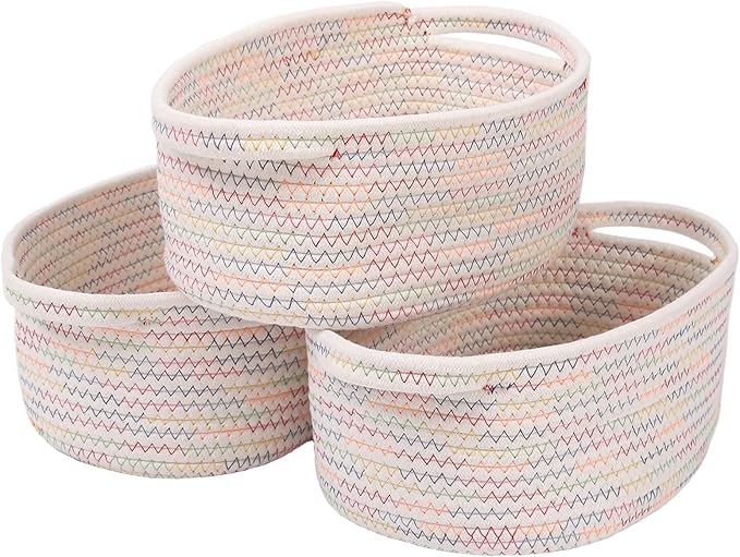 JMvicyroam Woven Basket,Small Rope Storage Bin with Handles & Ribbon Bag, Organizer for Shelves Closets,Gift Basket Empty for Birthday,Books,Dog Toys, Colorful/3 Pack