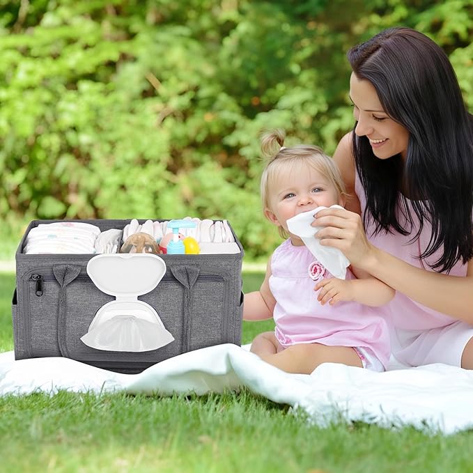 Volnamal Premium Diaper Caddy with Smart Side Wipes Pocket, Diaper Organizer, Portable Car Organizer & Nursery Basket for Newborn Essentials, Perfect Registry Must Haves for Boys & Girls, Grey