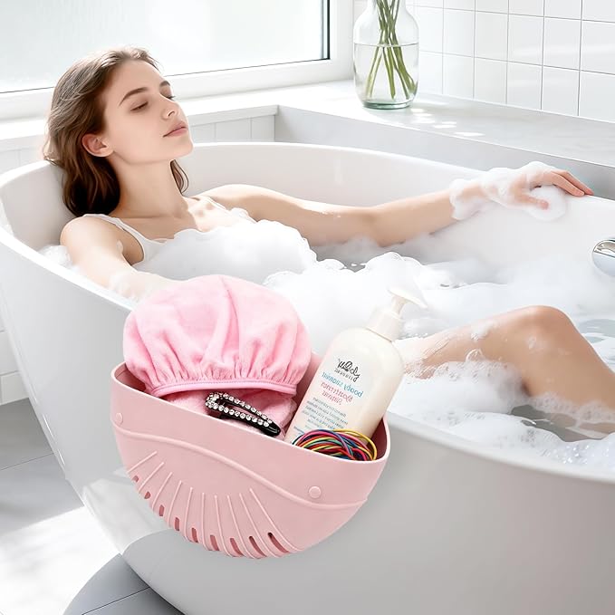 Silicone Bath Toy Organizer for Tub, Flexible 2-Compartment Bathtub Storage Basket for Kids & Adults, Drainable Toy Holder and Foldable Shower Caddy for Bathroom Essentials（Pink）