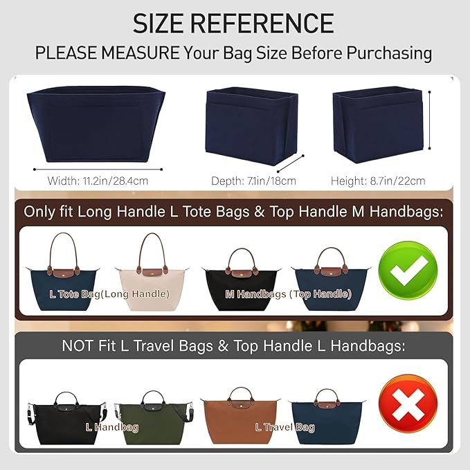 Felt Purse Organizer Insert Compatible with Longchamp Le Pliage L Tote & M Handbags, Zipper Bag Organizer Insert with Cup Holder for Women Bags Shaper Divider, 8 Compartments (Blue,L)