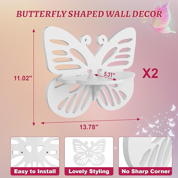 Beskadi White Butterfly Shelves 2 Tier - Nursery Wall Deor Floating Shelf, Cute Wall Display Rack for Kid’s Room, Small Decorative Shelf Wall Mounted, Hanging Wall Shelf for Toys, Plants Storage.