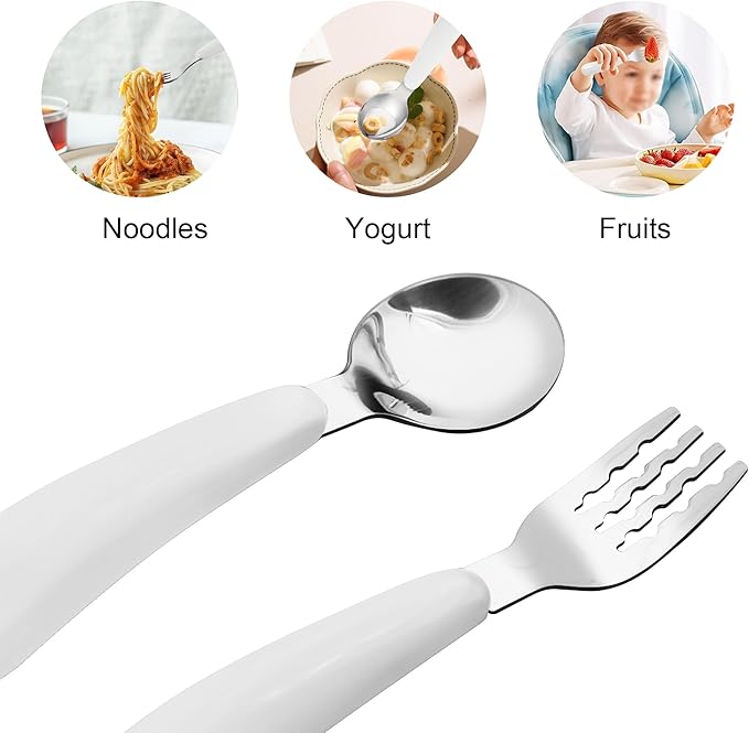 VANRA 2 Pieces Toddler Fork and Spoon Set with Travel Case 18/8 Stainless Steel Toddler Utensils Kids Silverware Children Flatware Child Cutlery Set for School Lunch Box (White)