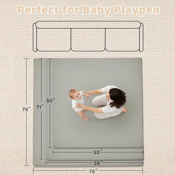 Waterproof Baby Play Mat for Floor 1.3"Thick Memory Foam 59 * 59 Cushion Playpen Playmat Tummy Time Crawling Mat Nursery Rug Pad Mattress Create Soft & Safe Area for Infants,Toddler,Kids,Grey
