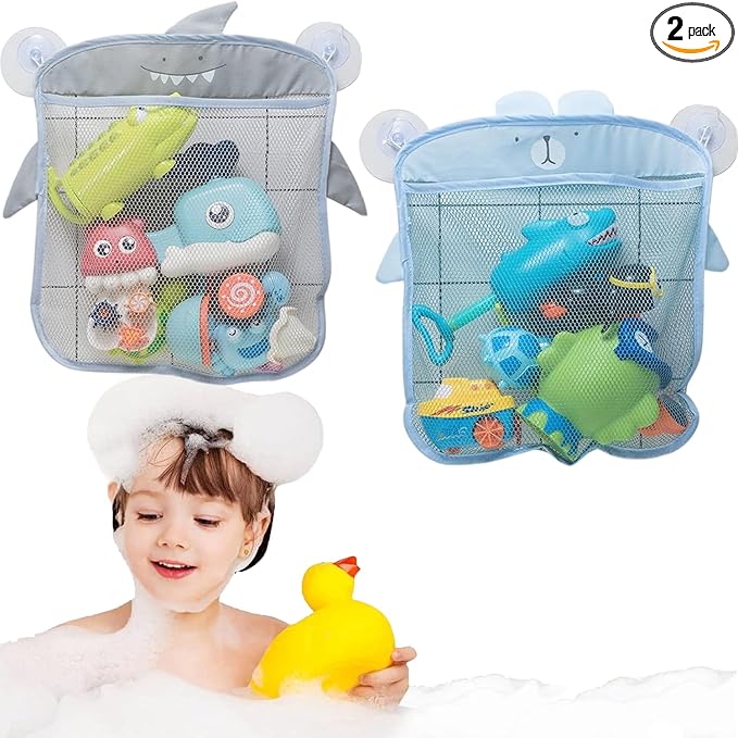 Storawo 2 Pack Mesh Bath Toy Organizer, Cute Shark & Bear Bath Toy Storage Net Bathtub Toy Organizer, Perfect Bathroom Hanging Storage Bag Quick Dry Bath Toy Holder Bag with 8 Strong Hooks (Set A)