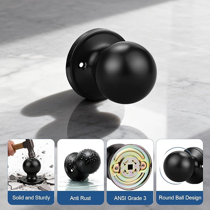 Knobonly 4 Pack Single Side Dummy Door Knob, Matte Black Non-Turning Indoor Door Knob, Closet Door Knobs, Stainless Steel