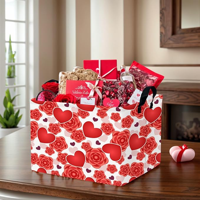 ASKETAM Valentine's Day Basket for Gifts Empty Cute Heart Large Gift Basket Decorative Storage Bin for Kid and Baby Room Décor (Red Love Rose)