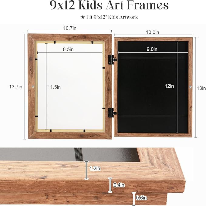 GULETHUN [2-Pack] Kids Art Frames, 9x12 Front Opening Kids Artwork Frames Changeable, Dark Wood Grain Artwork Display Storage Frame for Wall, Holds 50 Pcs, for 3D Picture, Crafts, Children Drawing